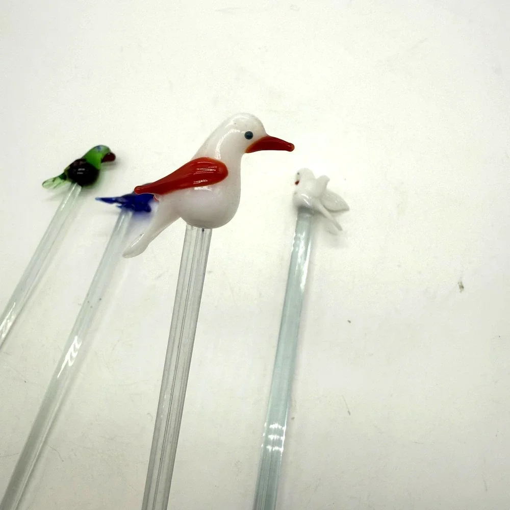 Art Glass Birds Of Britain Cocktail Glass Stirrers Set 4 Multicolor‎ Unmarked